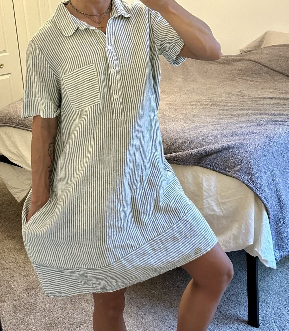 Garnet Hill Dress Womens Large Green Stripe 100% Linen Shirt Dress Collared